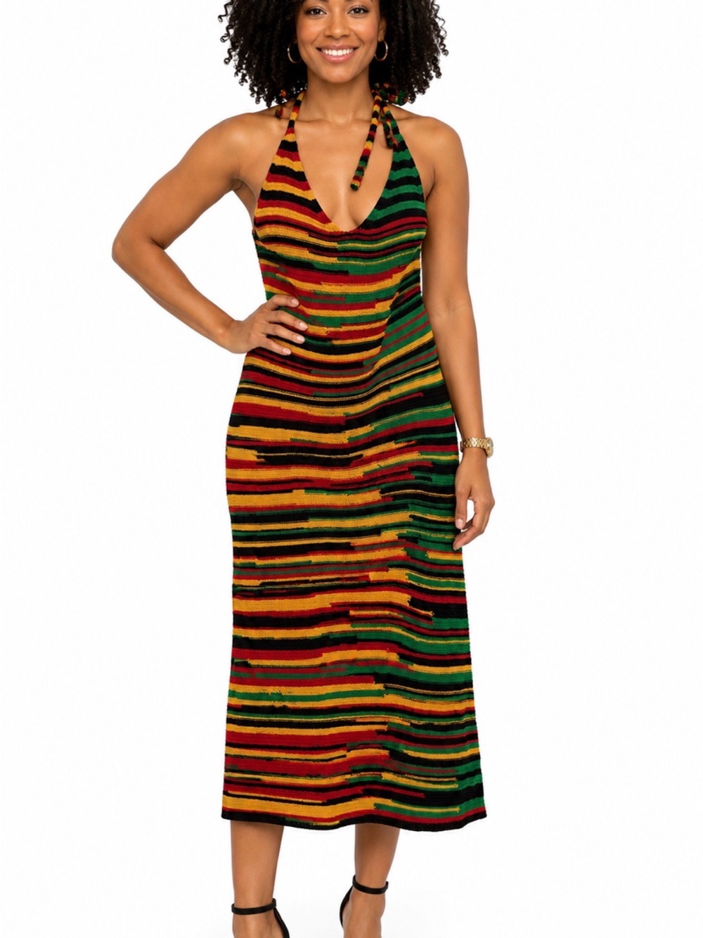 Striped Halter Midi Dress in Red, Green & Yellow